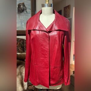Cole Haan Vintage Red Leather Jacket Wide Collar Button Front Size L